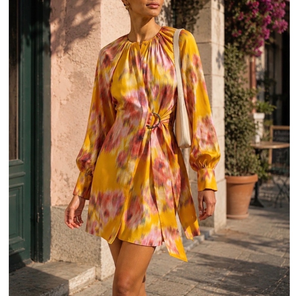 NWT Ted Baker Akemi Mini Wrap Dress Orange Blurred Floral Pleated D-Ring Size 1